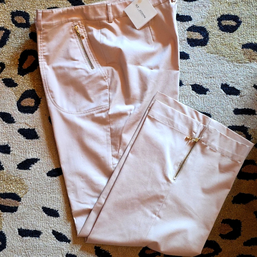St. John Collection Chino Pants Women Size 16 Gold Straight Leg Ankle Zip Pocket